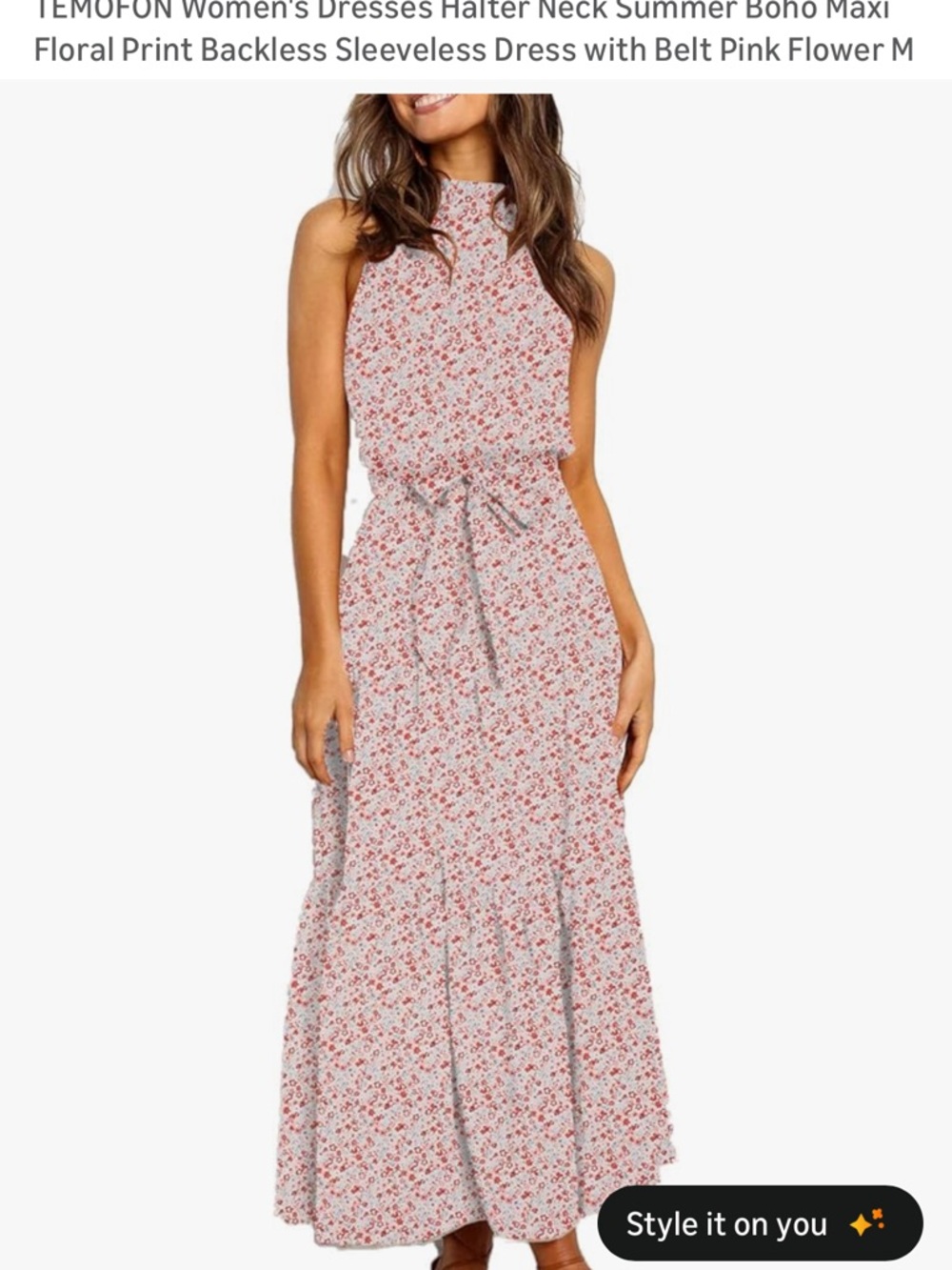Sleeveless Pink Floral Halter Maxi Dress with Self-Tie Waist
